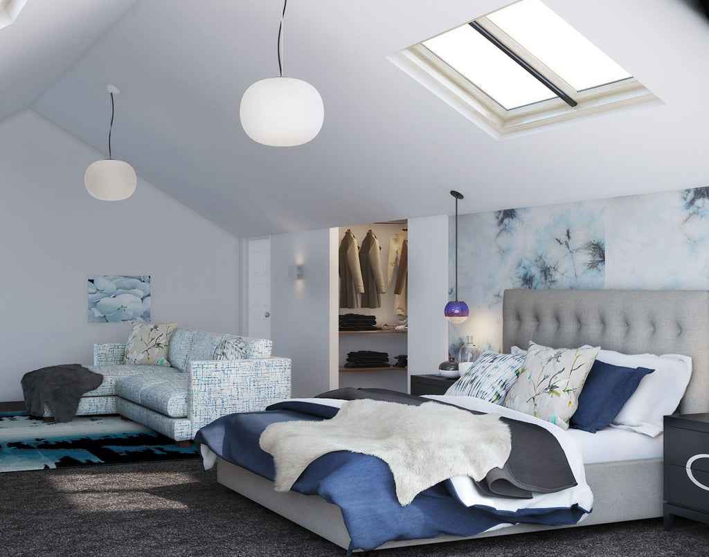 Blue and white bedroom, New Zealand interior design