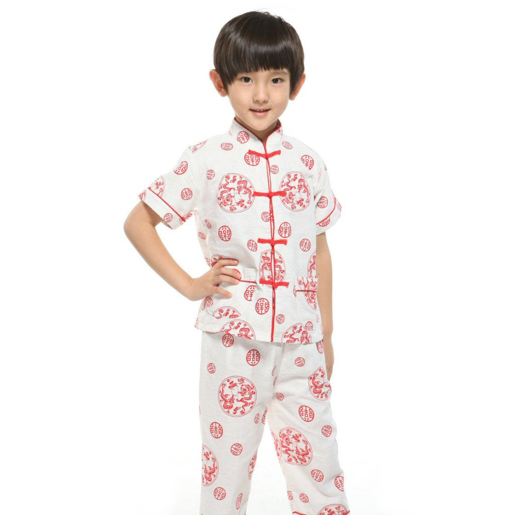 childrens red button shirt and pj bottoms