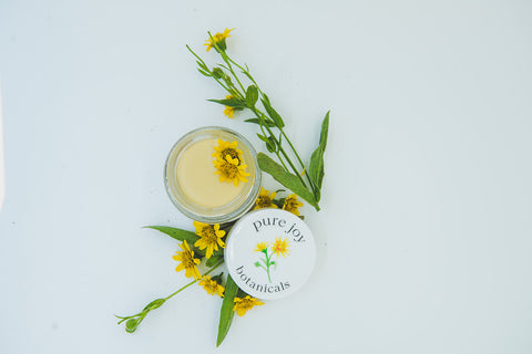 An overhead view of Soreness Soother Cream surrounded by arnica, the main ingredient against a white background., 