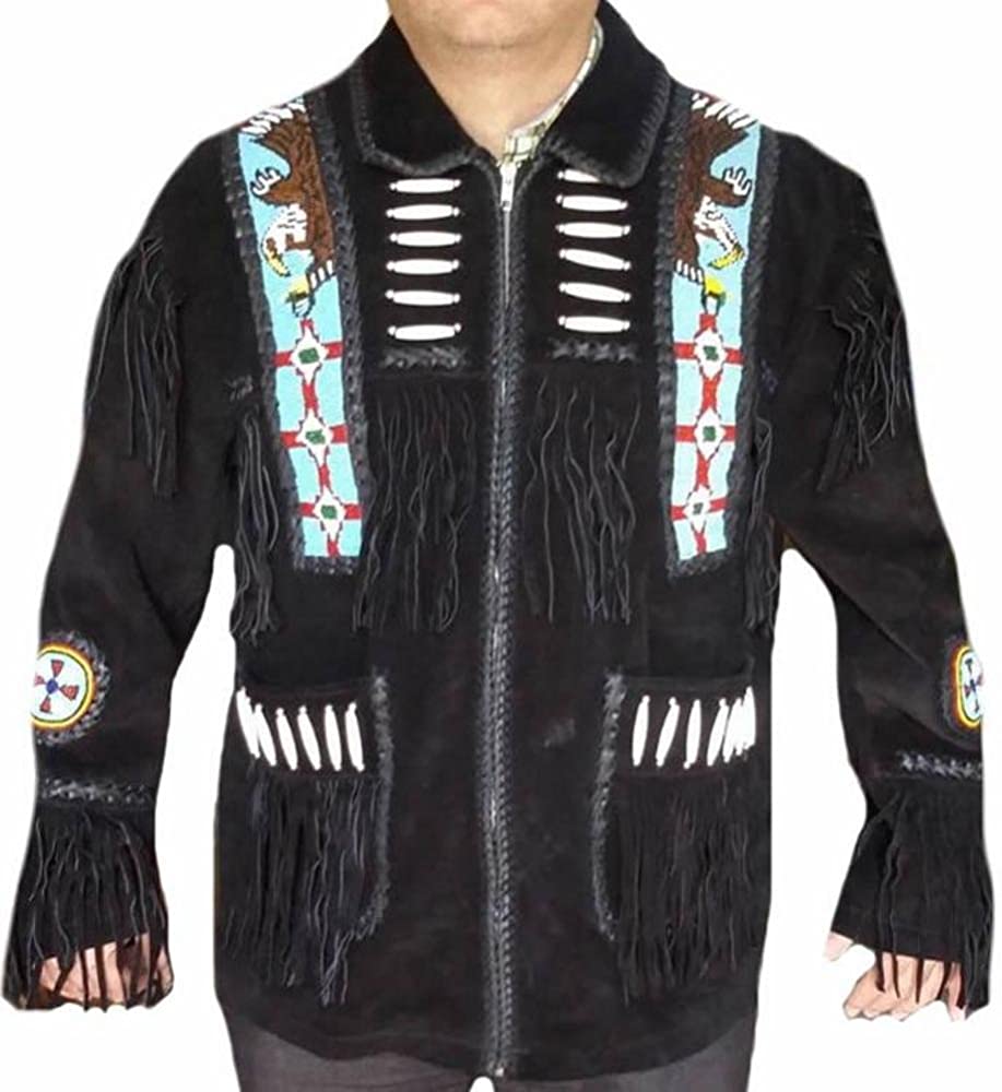 Classyak Men's Western Fringed Suede Leather Indian Jacket