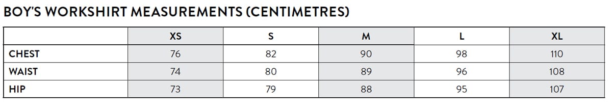 Boys Just Country Workshirts Size Chart