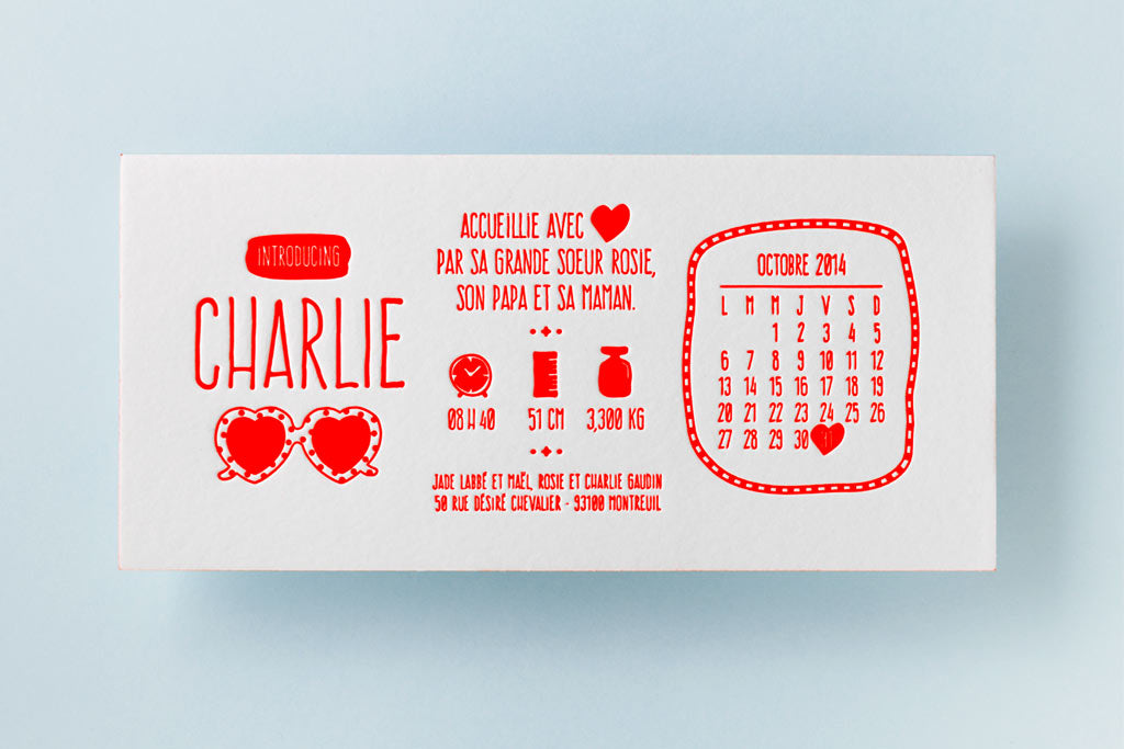 Faire-part de naissance letterpress Charlie