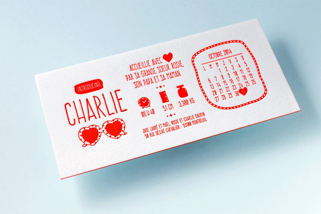 Faire-part de naissance letterpress Charlie