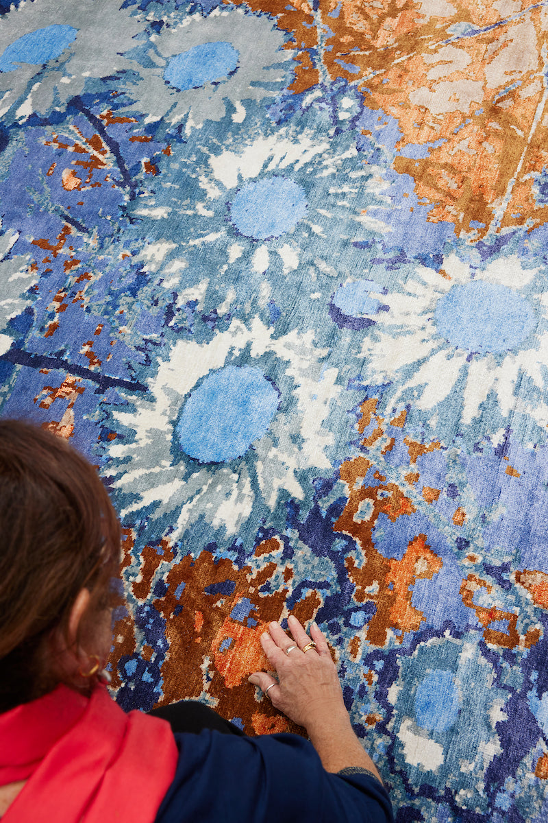 Blue carpet rug.  Designer silk handwoven carpet rugs Australia.