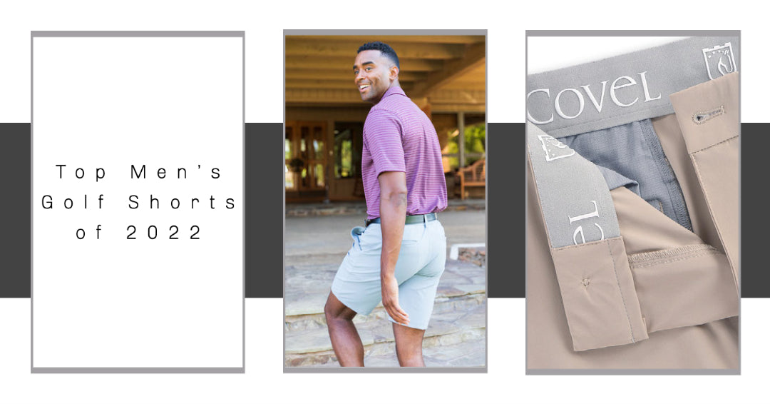3 Image panels. One with the blog title saying Top Men's Golf Shorts of 2022 The second panel shows a man walking up stairs in a mulberry striped polo and khaki shorts. The third shows the inside waistband on a pair of khaki shorts.
