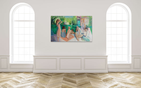 room with large painting of Hampstead Swimming Pond 