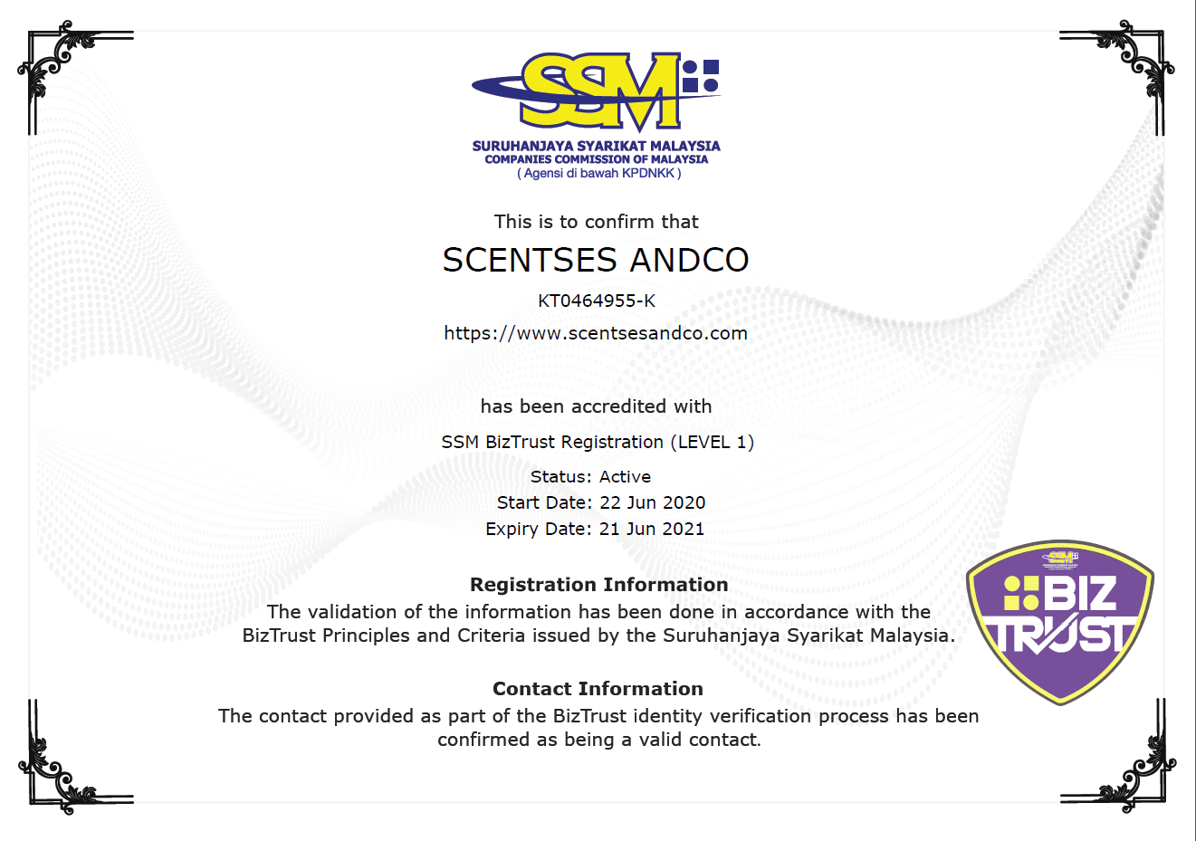 Scentses + Co's BizTrust Certification