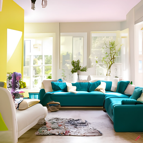 AI generated image of a bright family room with a blue couch