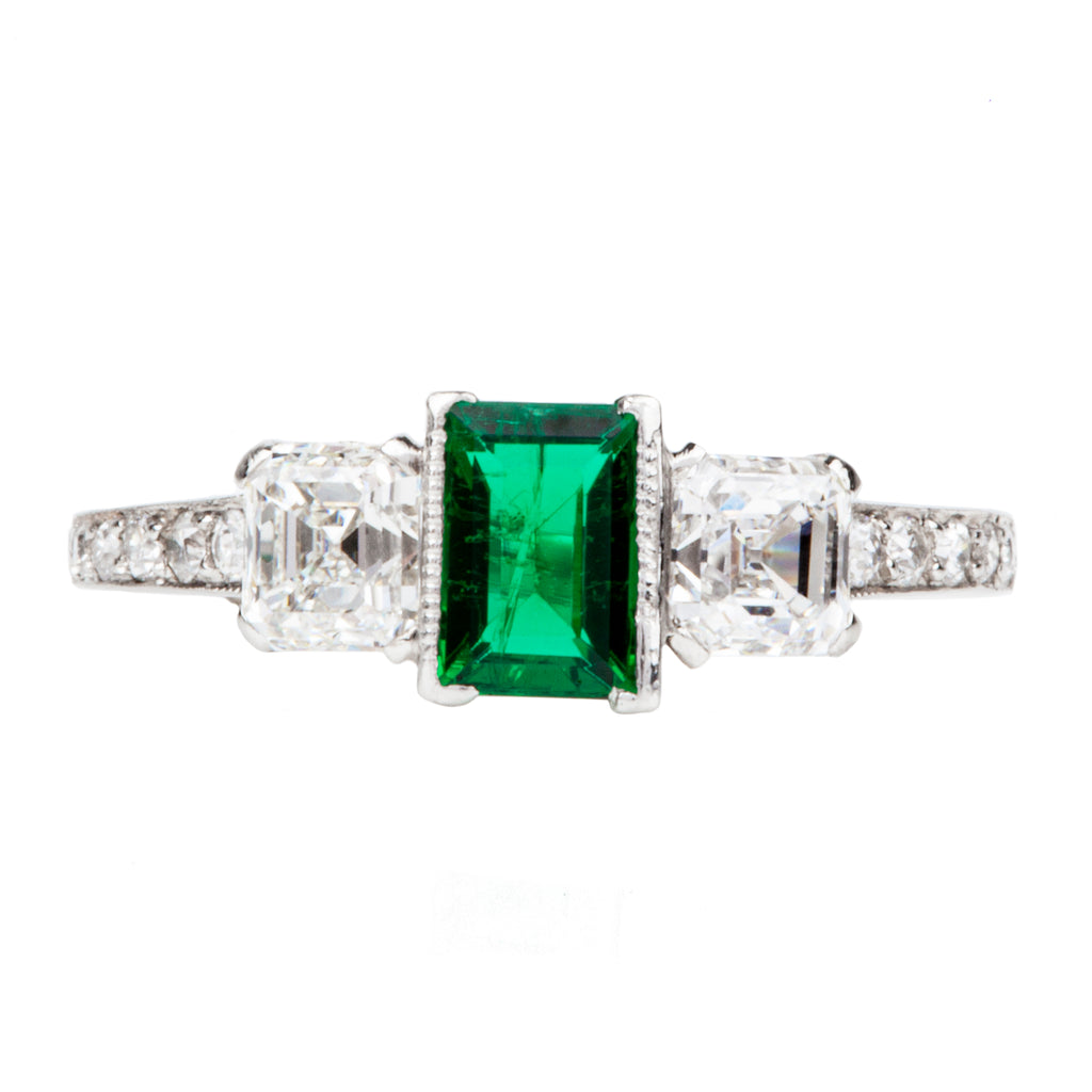 Art Deco Tiffany & Co. Emerald and Diamond three stone Ring | Bell and Bird