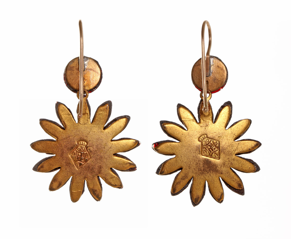Early Victorian Red Vauxhall Glass Daisy Earrings | Bell and Bird