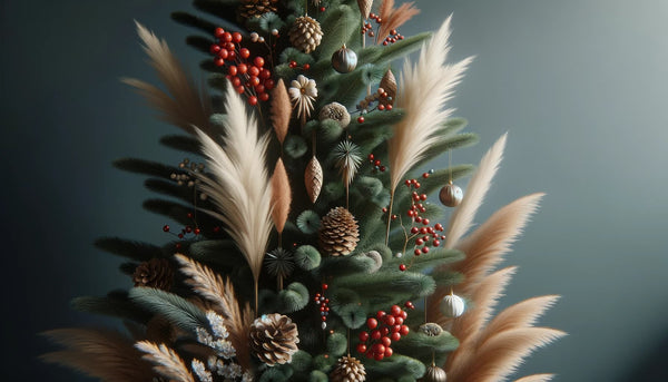 A Christmas tree richly decorated with a variety of picks, including berries, pinecones, and pampas grass.