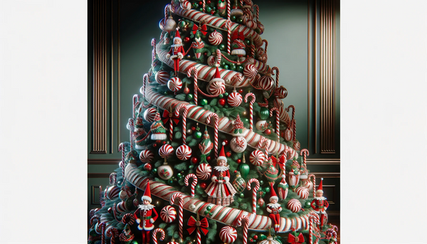 A Christmas tree with red and white candy cane stripes, elf decorations, and swirls of green