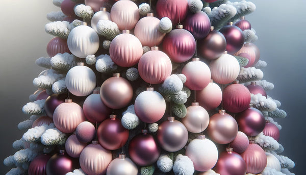 A close-up of Christmas ornaments ranging from pale pink to aubergine on a snowy white tree.