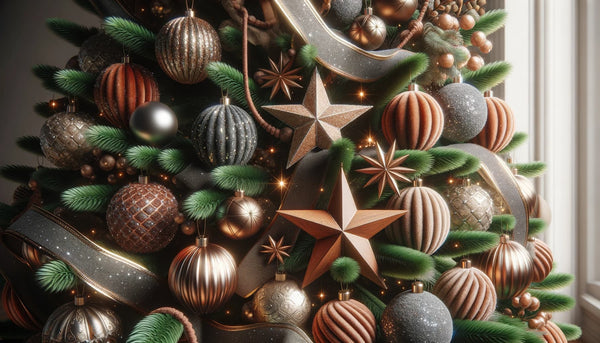 A close-up of a Christmas tree adorned with a mix of textured ornaments – from glittery baubles to velvet ribbons and wooden stars.
