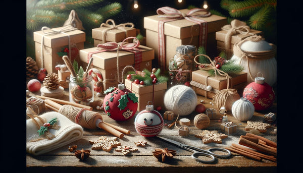 A collection of homemade Christmas decorations and gifts, showcasing personal touches and crafty creativity.