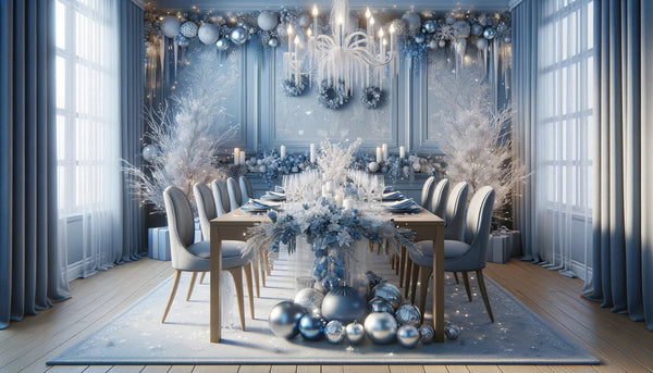 A dining table set against a backdrop of icy blue and silver Christmas decor.