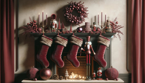 A mantelpiece featuring burgundy ornaments, velvet stockings, and traditional Christmas icons.