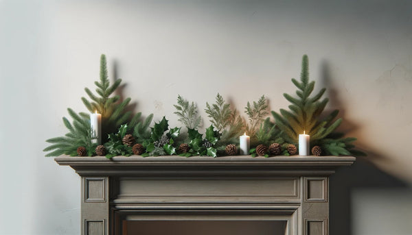 A mantelpiece or dining table beautifully decorated with natural greenery, including fir, holly, and pinecones.
