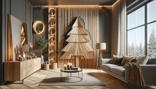A stylishly decorated space featuring an alternative Christmas tree, such as a wooden or wall-mounted design.