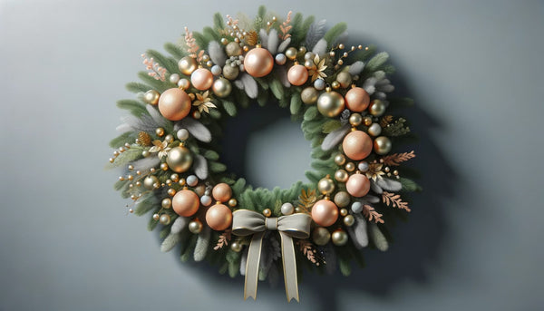 A wreath featuring peach, gold, and light green decorations.