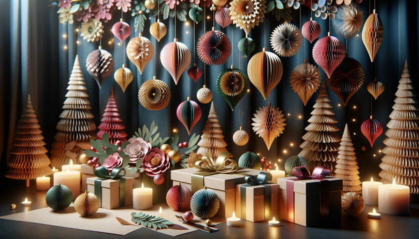 An array of sophisticated paper decorations, including multi-coloured paper baubles and garlands, displayed in a festive setting.