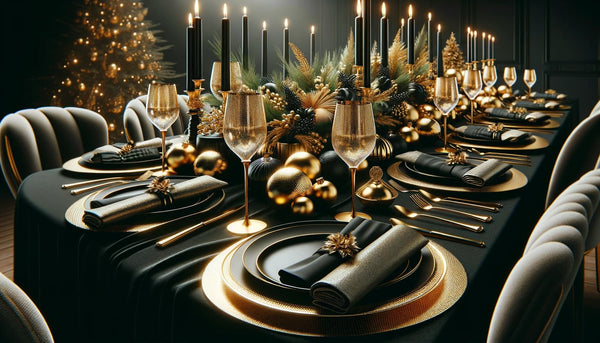 Elegant gold and black Christmas table setting with gold-rimmed glassware and black table linen.