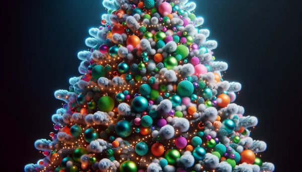 A flocked tree covered in multicoloured, vibrant ornaments and fairy lights.
