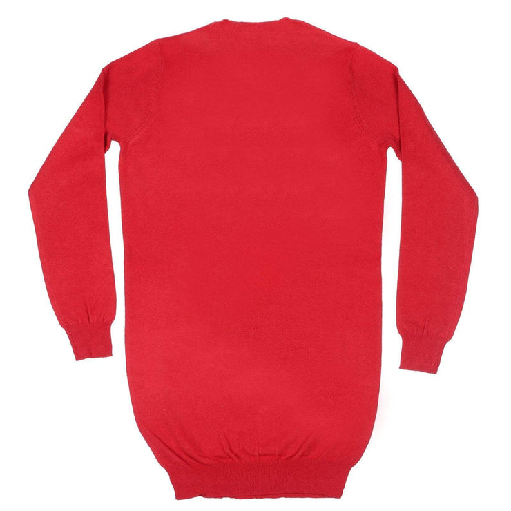 back view of red christmas jumper with ribbed hem and cuffs