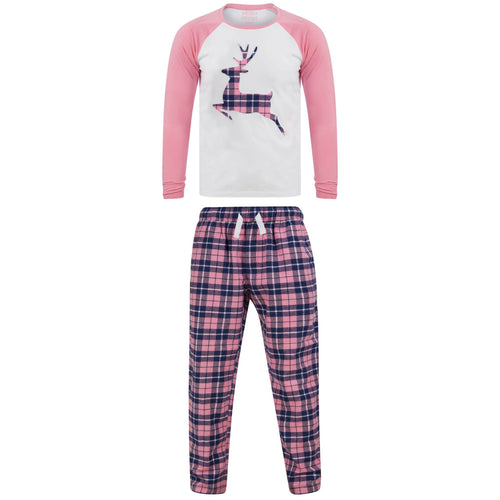 Mr Crimbo Kids Christmas Pyjama Set Stag/Reindeer Pink Red - MrCrimbo.co.uk -SRG4Q17465_F - Pink/Navy -11-13