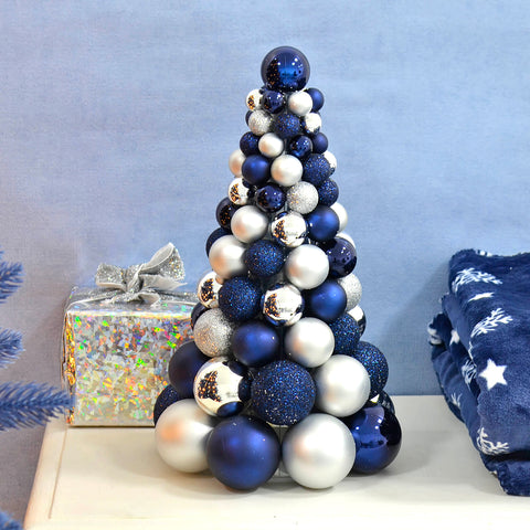 Mr Crimbo Mixed Bauble Tree Shaped Christmas Decoration 34cm - MrCrimbo.co.uk -XS7261 - Navy -bauble decorations