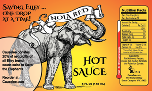 nutrition label, New Orleans LA red hot sause, Saving Elley, 20% net profits donated to  Save the Elephants