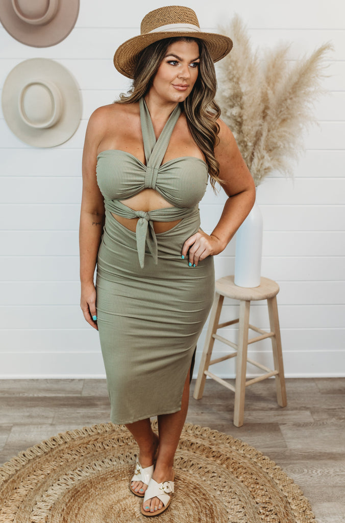 Whatever You Can Do Tie Front Cut Out Bodycon Dress (Dusty Olive)