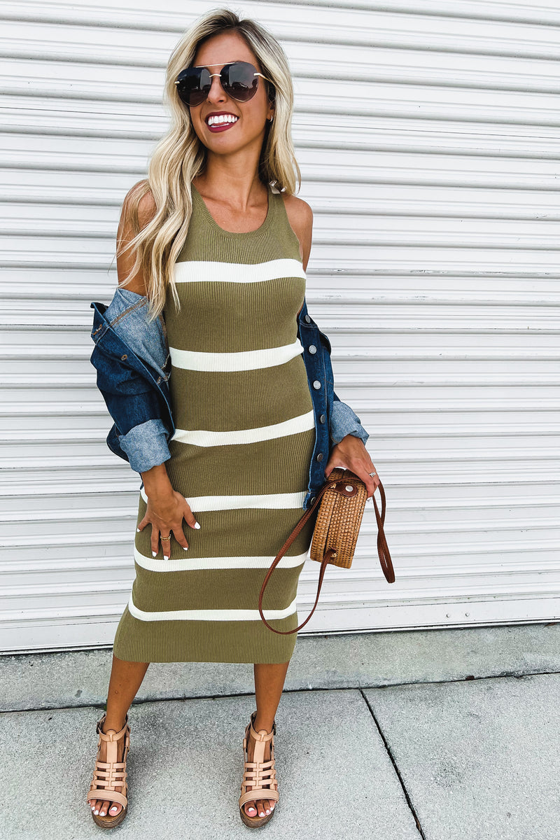 Everything You Love Striped Sweater Midi Olive Dress | Women's Online ...