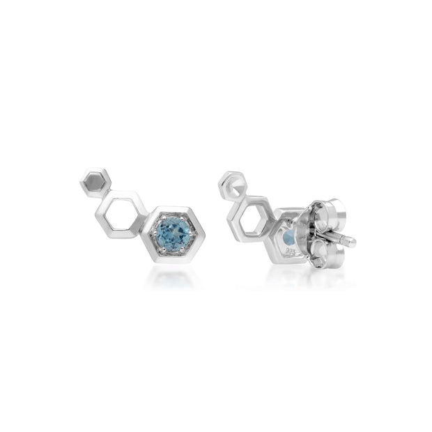 Boucles d'Oreilles Style Honeycomb «Ear Climbers» Argent 925 Topaze Bleu 3