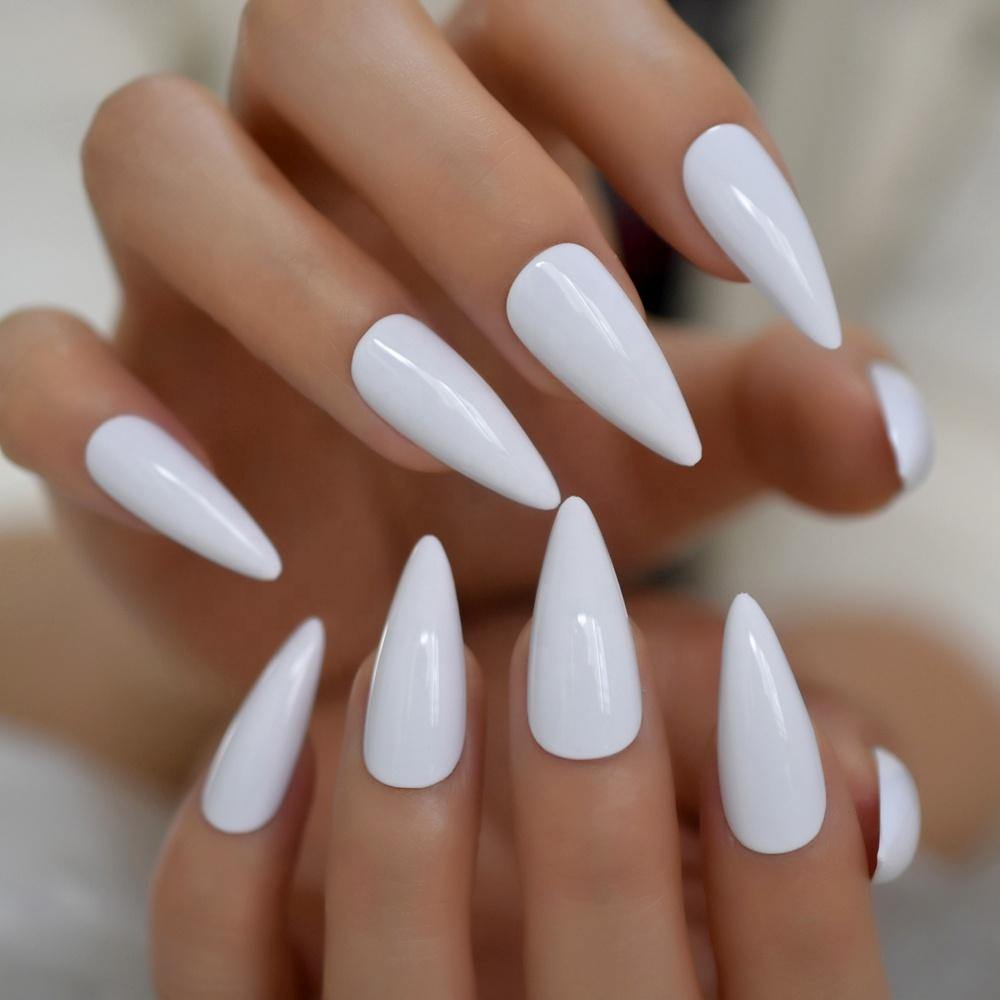 white pointed acrylic nails