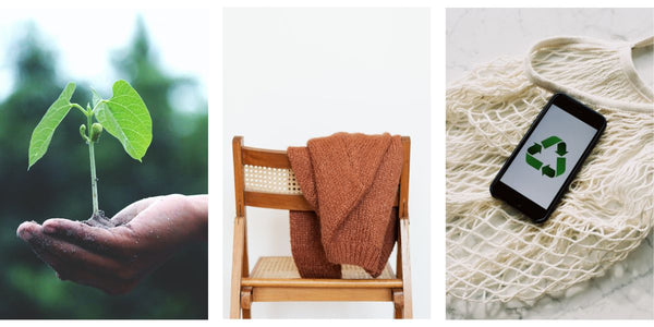 foto 1: hand die plant vasthoudt. Foto 2: een wollen trui. Foto 3: recyclage logo