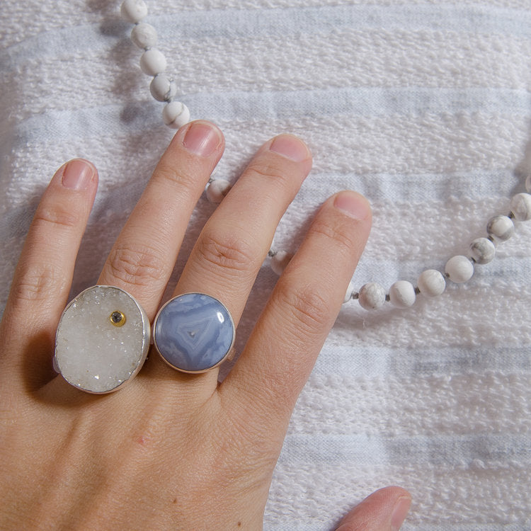 white druzy quartz and blue lace agate with howlite beads