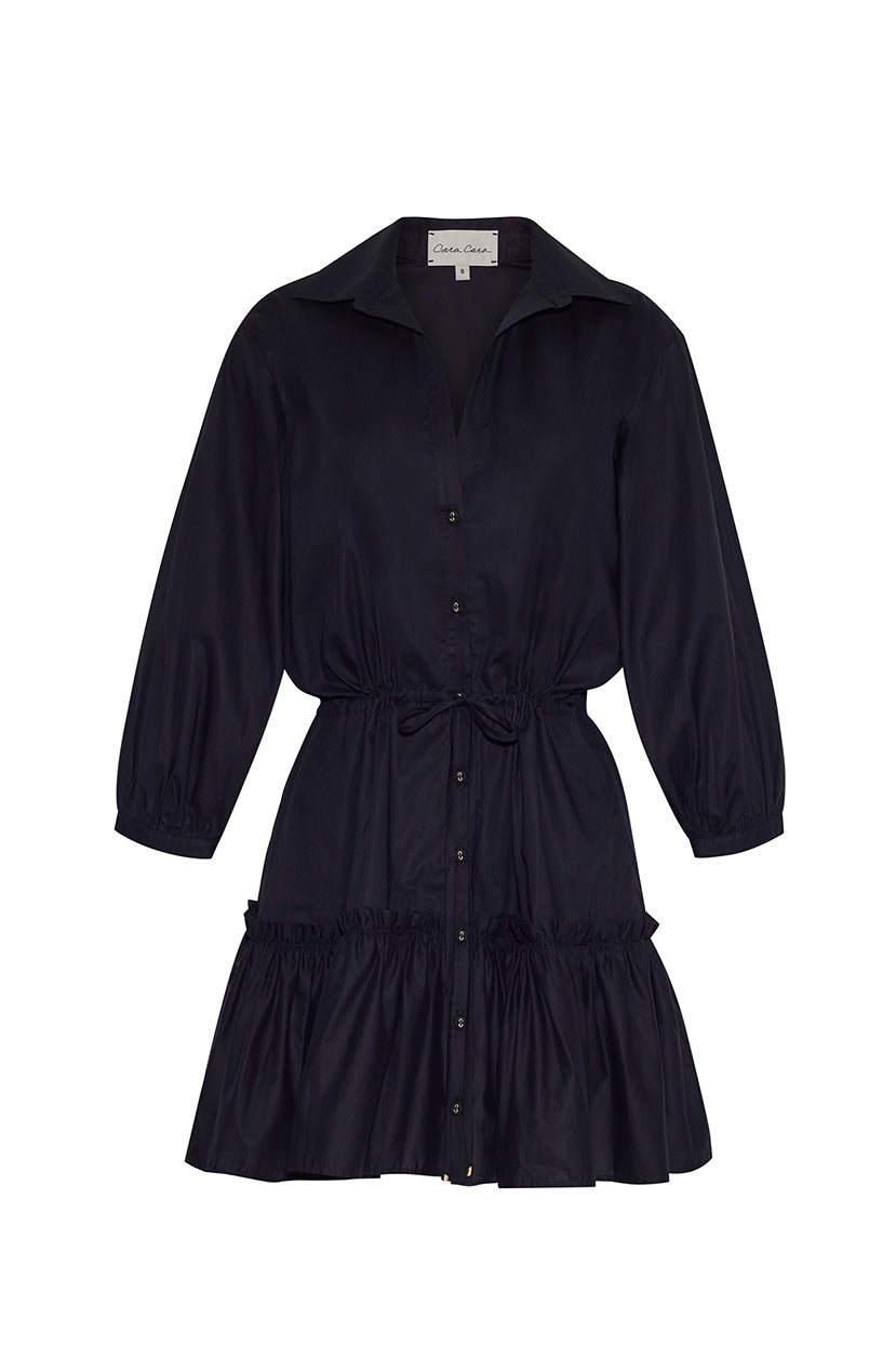 Cotton Poplin Cinched Waist Shirt Dress, Black