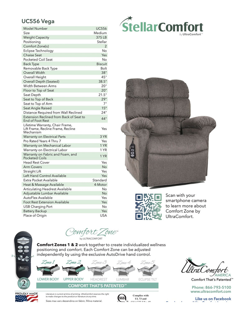 Vega Ultra Comfort Lift Chair Specifications Sheet