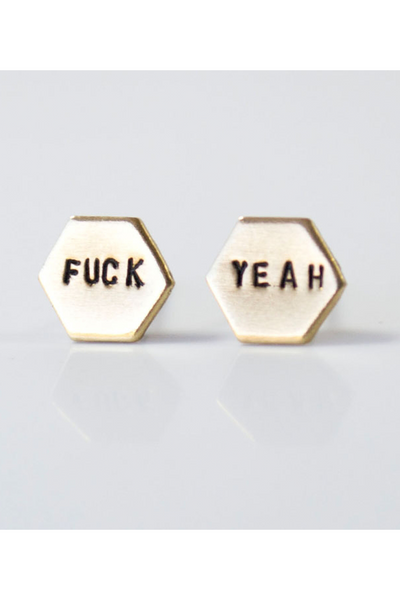 Fuck Yeah Hexagon Earrings | Brass