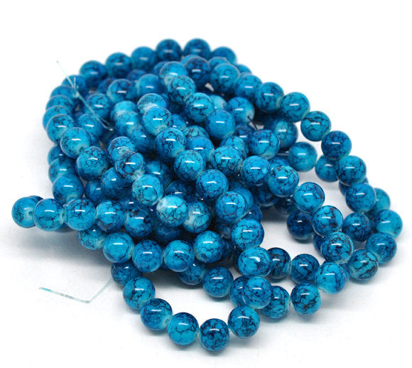Round Glass Beads 10mm - Clear and Turquoise Crackle With Black - 20 B