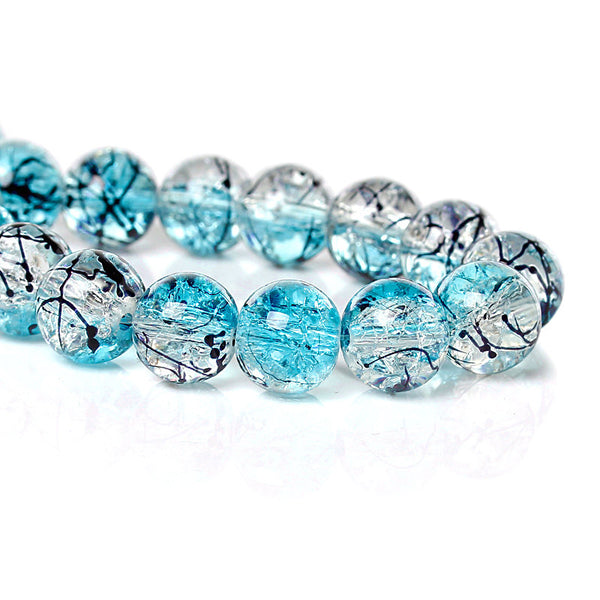 Round Glass Beads 10mm - Clear and Turquoise Crackle With Black - 20 B