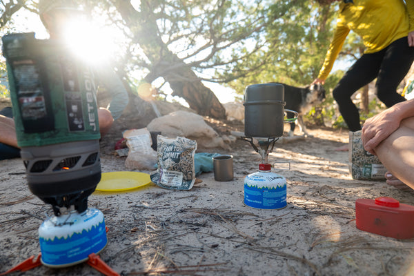 sitting around camp with a jetboil and farm to summit food