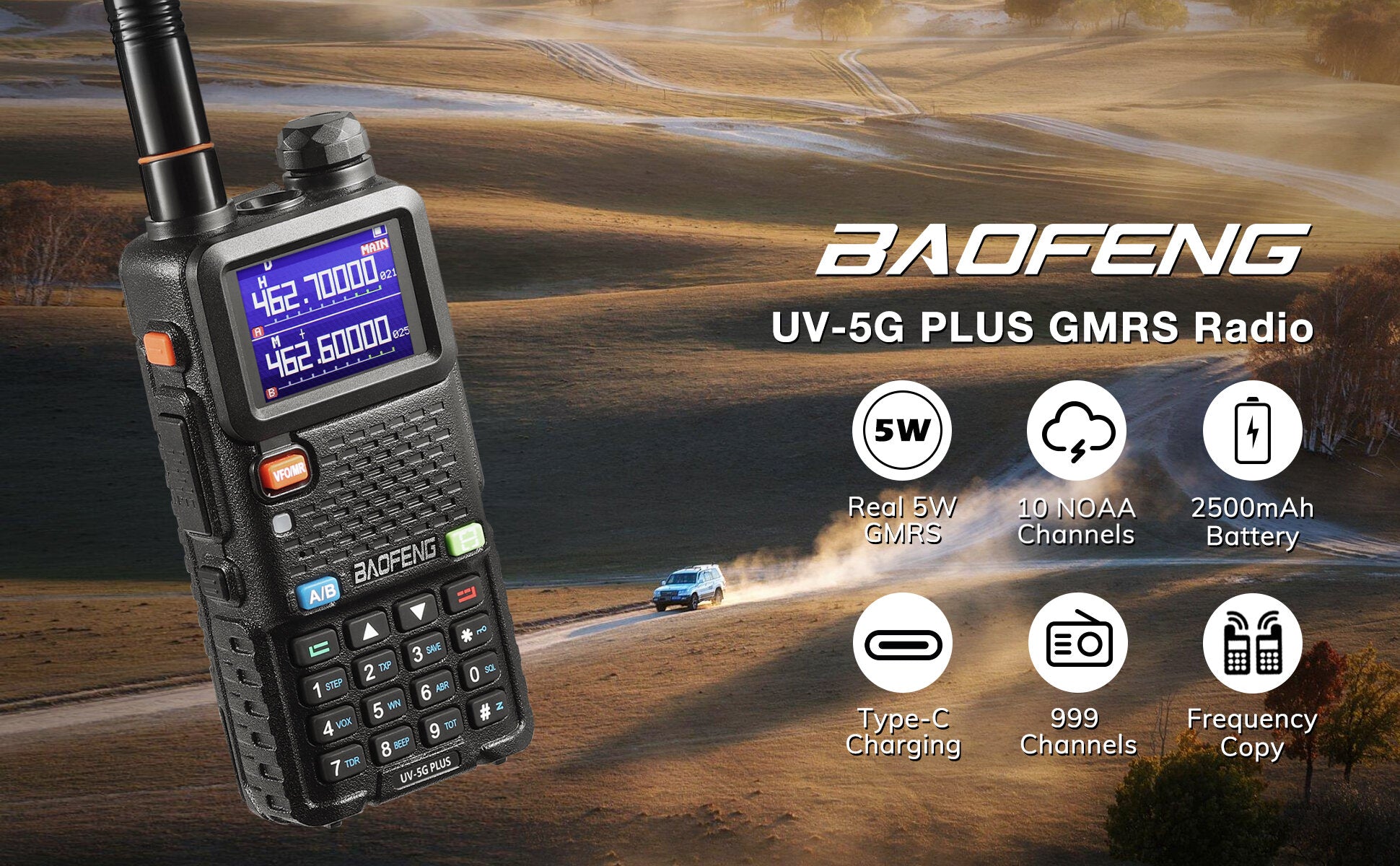 Baofeng UV-5G Plus GMRS Radio | 5W | 2500mAh USB-C Battery | Frequency Copy  | 999 CH | NOAA