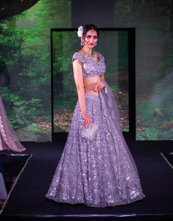 Buy Silver Metallic Plain Plunge V Neck Lehenga Set For Women by Deme X  Kalki Online at Aza Fashions.