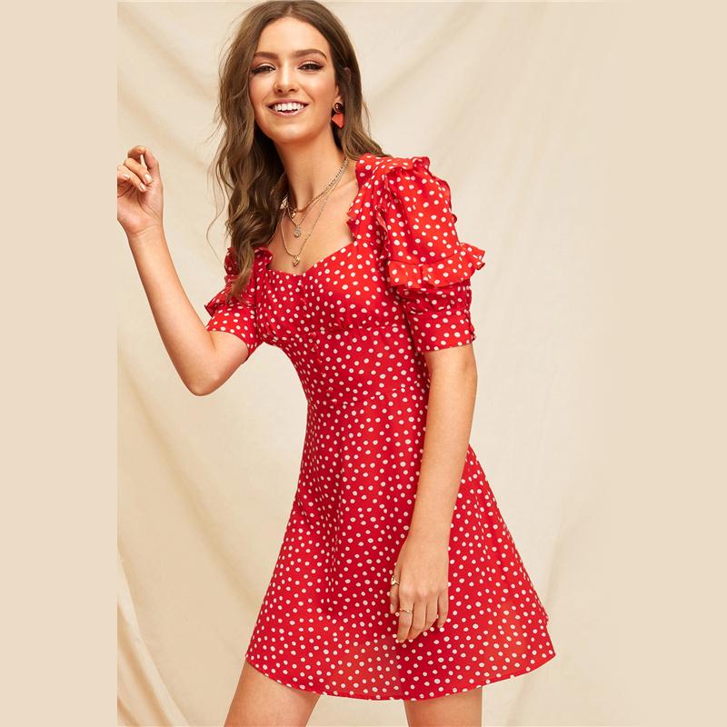 Red Bright Sweetheart Neck Ruffle Trim Polka Dot A Line Dress