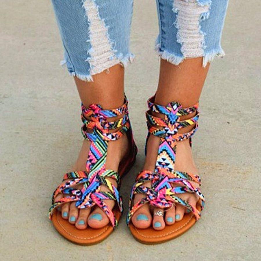 floral flat ankle strap peep toe casual gladiator sandals