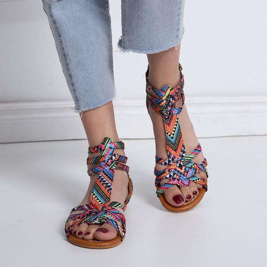 floral flat ankle strap peep toe casual gladiator sandals