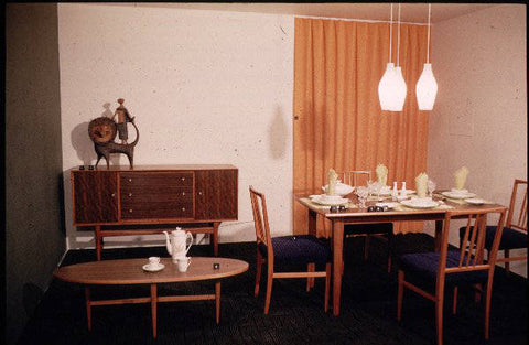 Dining room setting at the Design Centre, London, 1959, featuring furniture made by Gordon Russell Ltd. Credit VADS and The Design Council Slide Collection at Manchester Met Special Collections