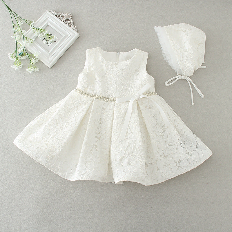Sleeveless Lace Gown with Bow and Bonnet Christening Dresses 2 Colors